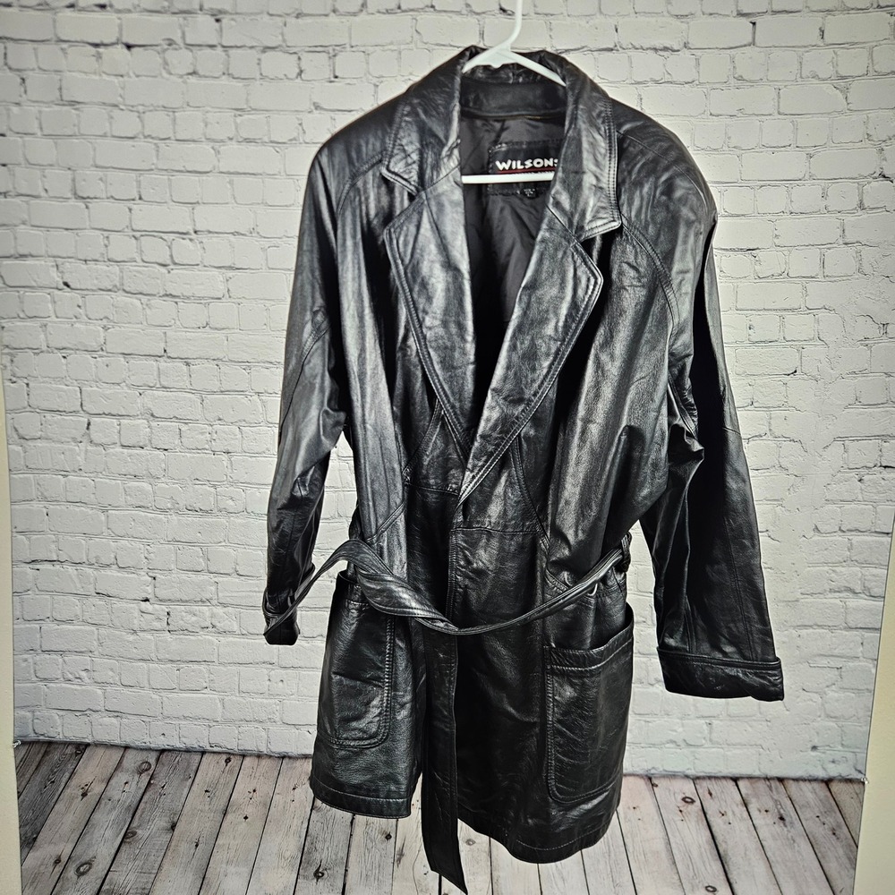 Wilsons Leather Trench Coat Mens Large Black Vintage Belted Mid Length Jacket